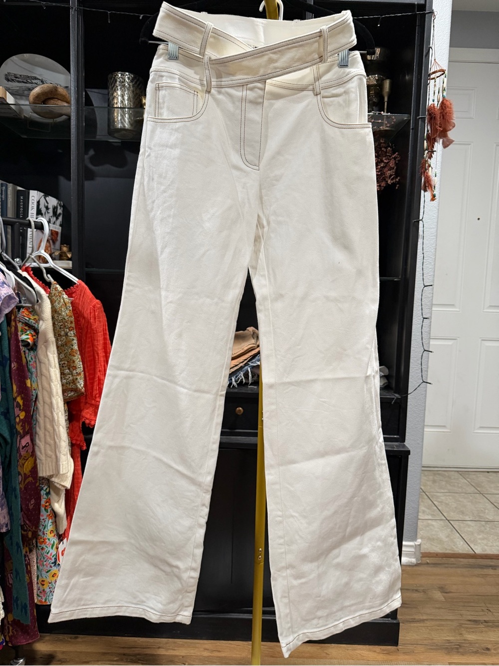 MONSE Criss-Cross Asymmetrical Waistband Wide-Leg Jeans White Contrast Stitch